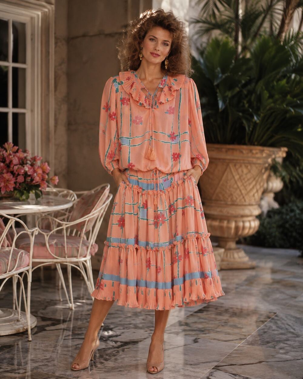 Vintage 1980s Diane Freis Coral Floral Georgette 2 Piece Skirt Set XL